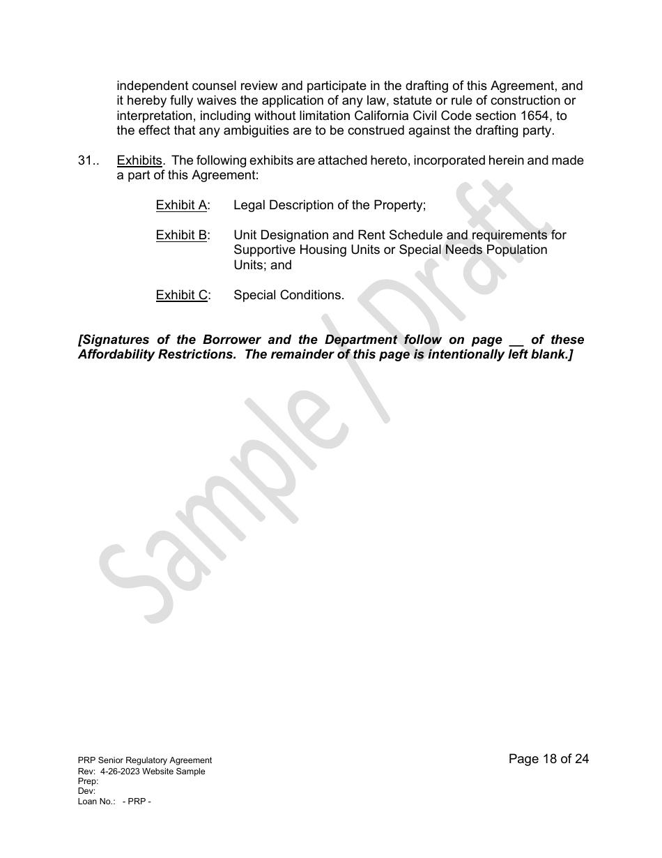 Senior Regulatory Agreement - Portfolio Reinvestment Program - Sample / Draft - California, Page 18
