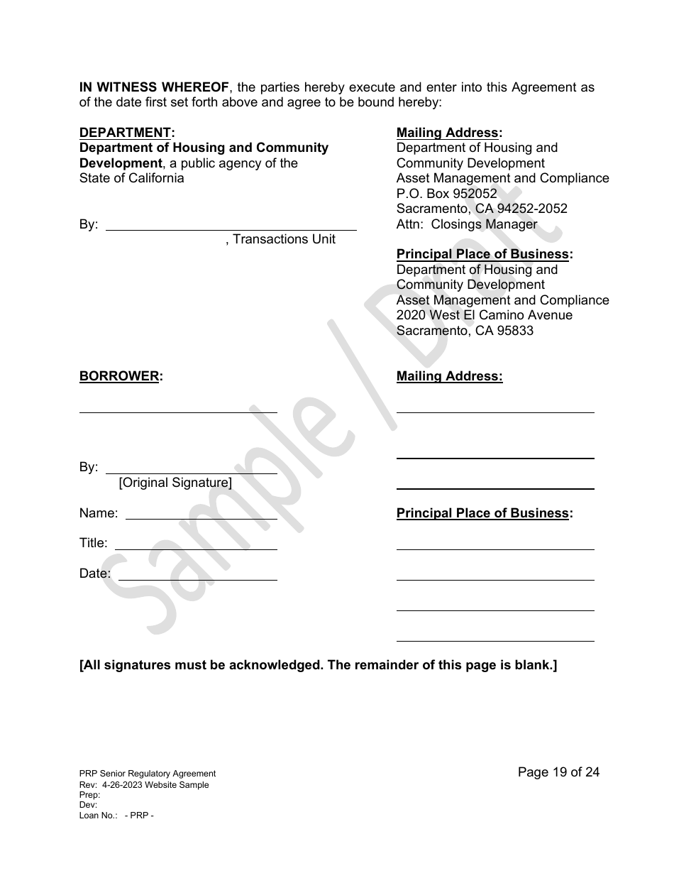 Senior Regulatory Agreement - Portfolio Reinvestment Program - Sample / Draft - California, Page 19
