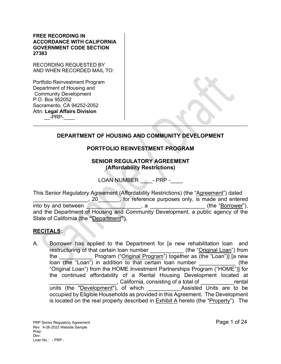 Senior Regulatory Agreement - Portfolio Reinvestment Program - Sample / Draft - California, Page 1