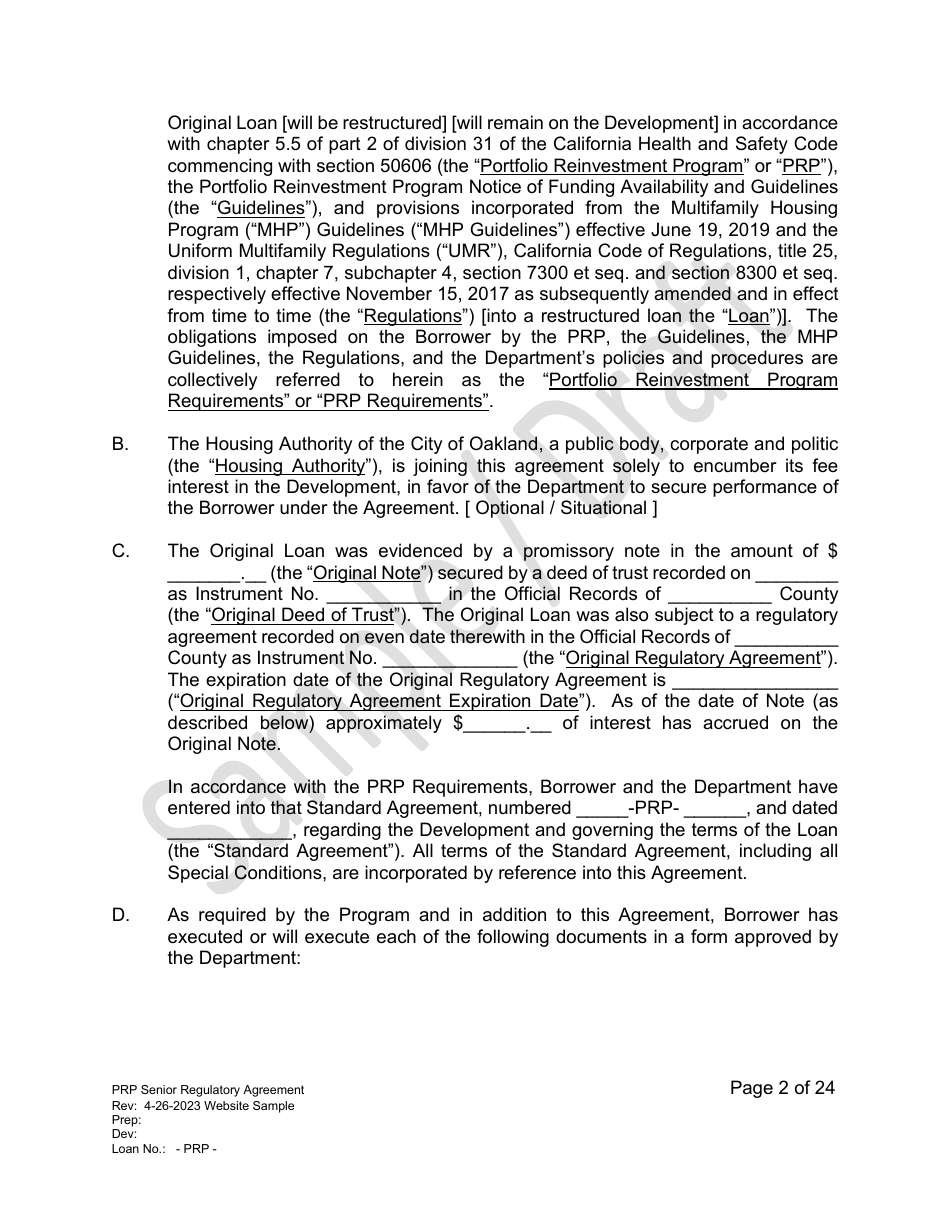 Senior Regulatory Agreement - Portfolio Reinvestment Program - Sample / Draft - California, Page 2