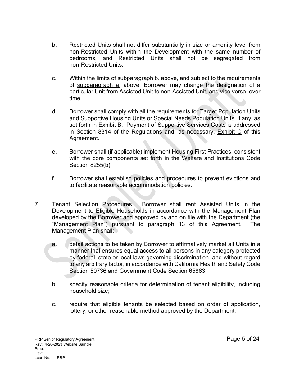 Senior Regulatory Agreement - Portfolio Reinvestment Program - Sample / Draft - California, Page 5