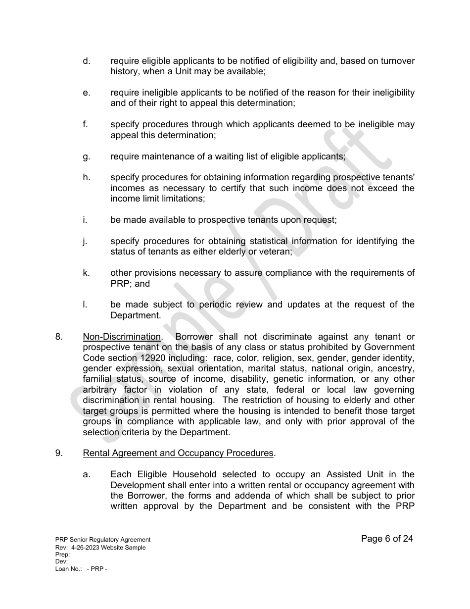 Senior Regulatory Agreement - Portfolio Reinvestment Program - Sample / Draft - California, Page 6