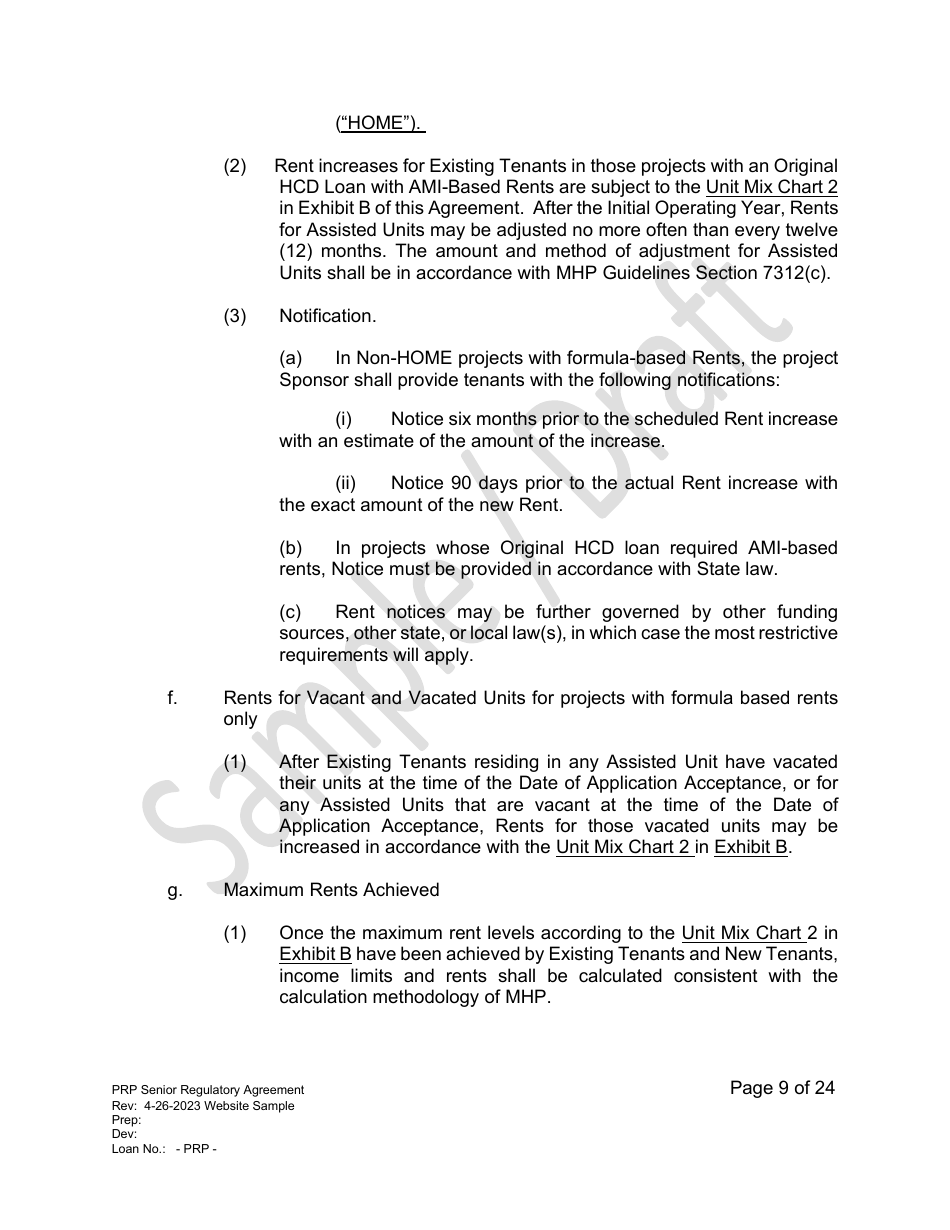 Senior Regulatory Agreement - Portfolio Reinvestment Program - Sample / Draft - California, Page 9
