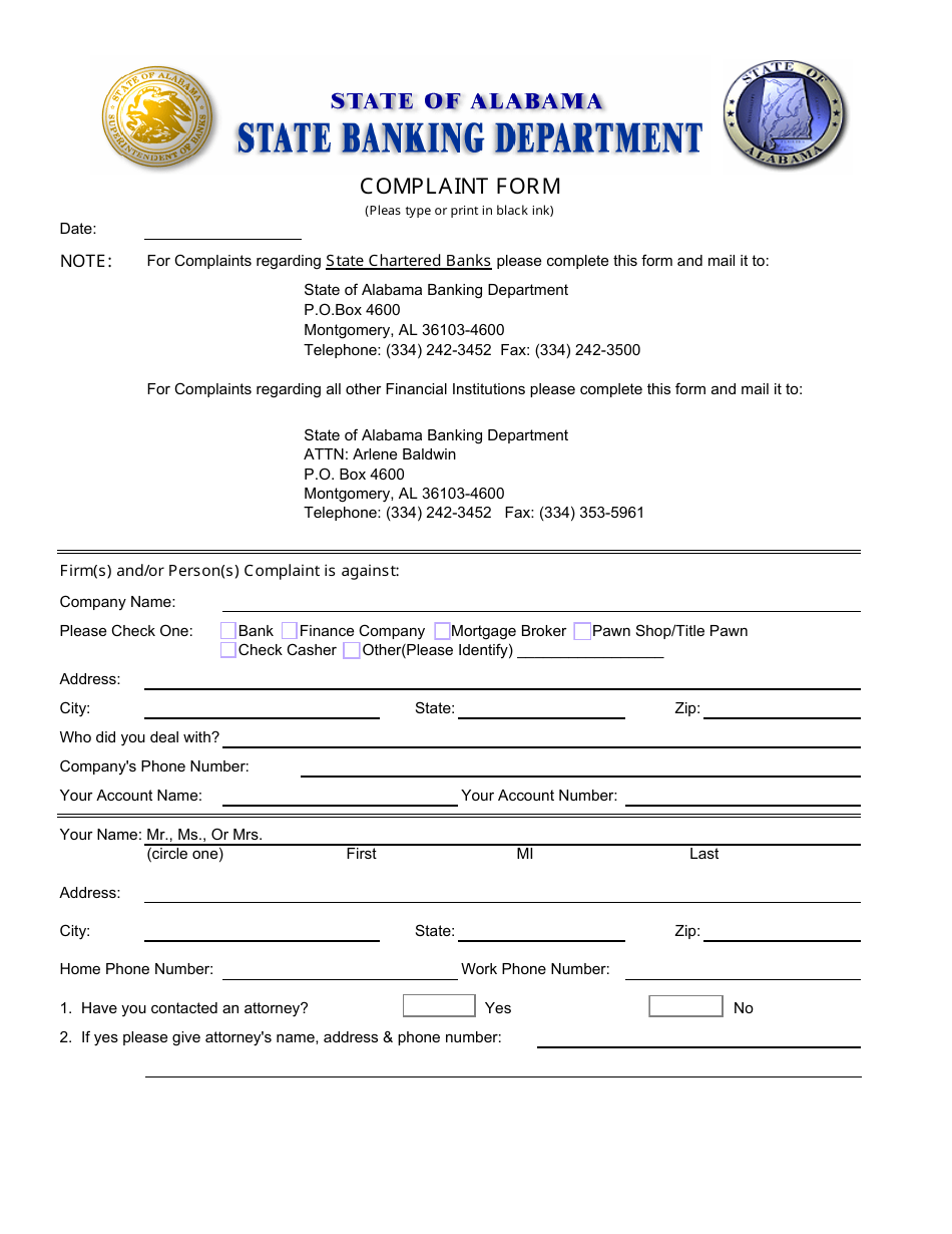 Alabama Complaint Form Fill Out, Sign Online and Download PDF