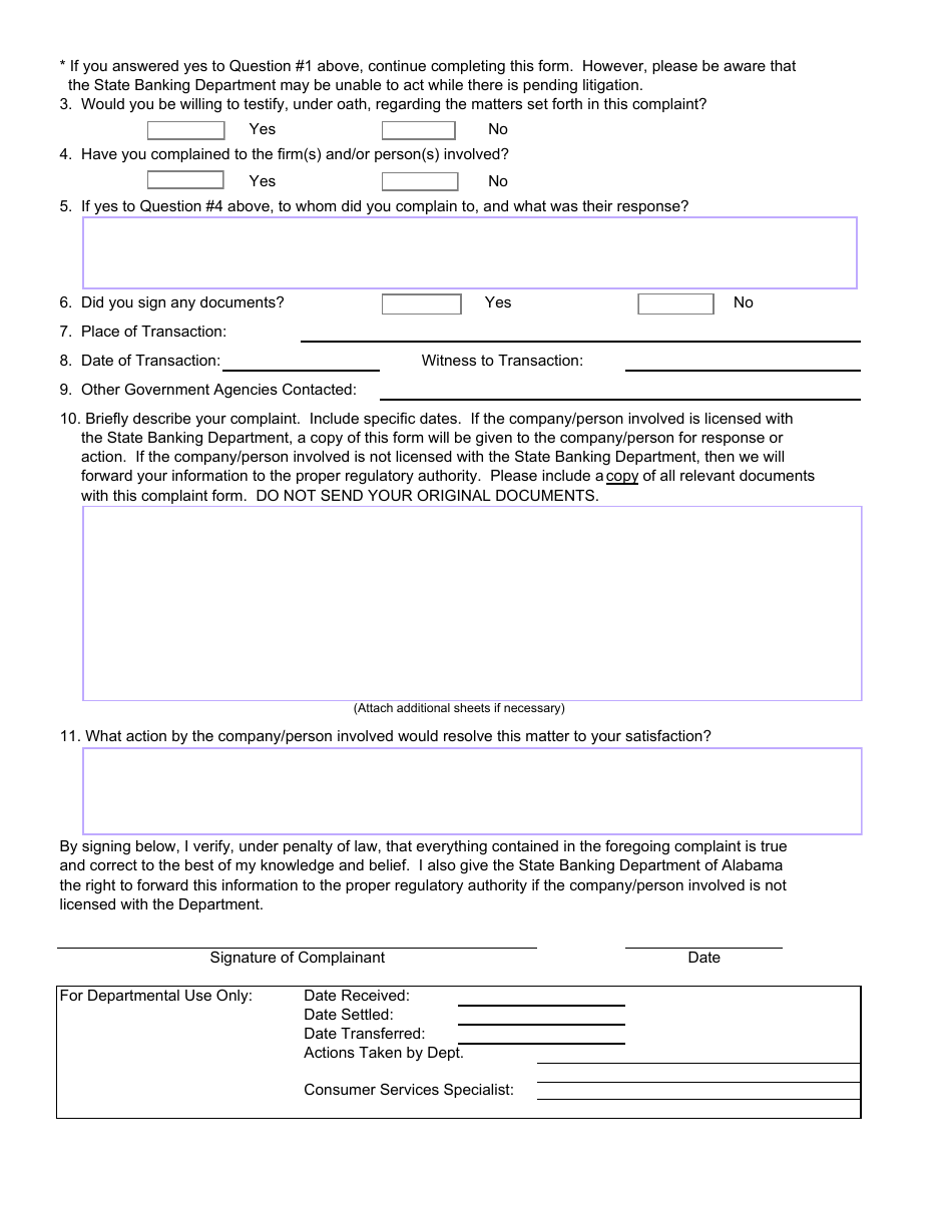 Alabama Complaint Form - Fill Out, Sign Online and Download PDF ...