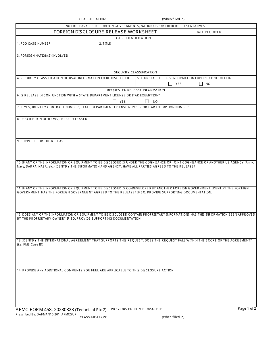AFMC Form 458 Foreign Disclosure Release Worksheet, Page 1
