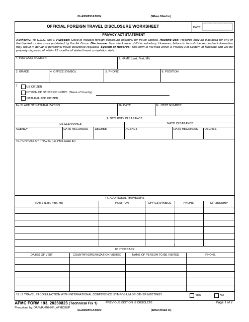 AFMC Form 193  Printable Pdf