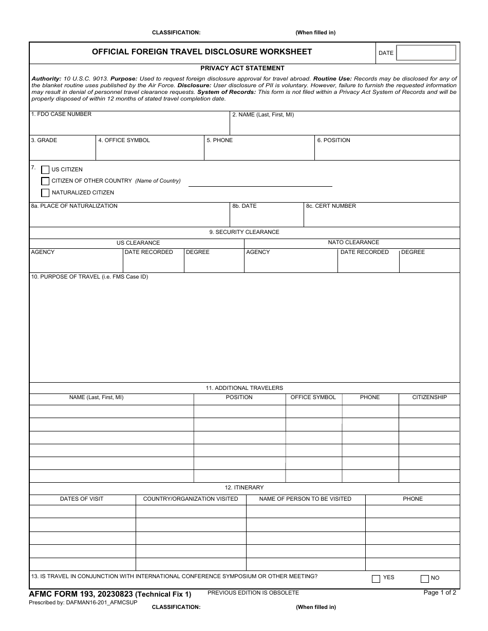 AFMC Form 193 Official Foreign Travel Disclosure Worksheet, Page 1