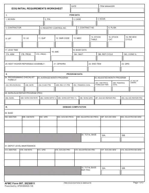 AFMC Form 997 Eoq Initial Requirements Worksheet