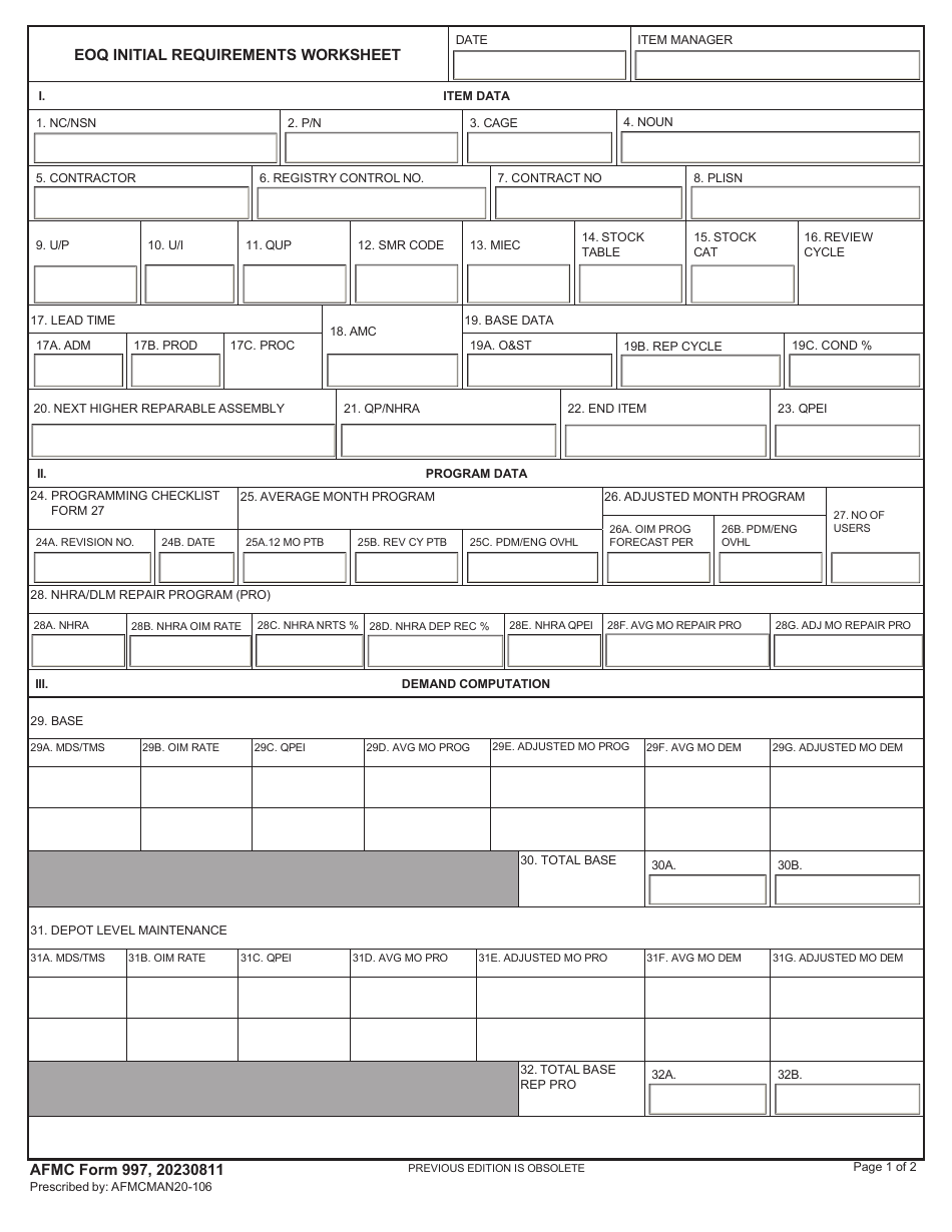 AFMC Form 997 Download Fillable PDF or Fill Online Eoq Initial ...