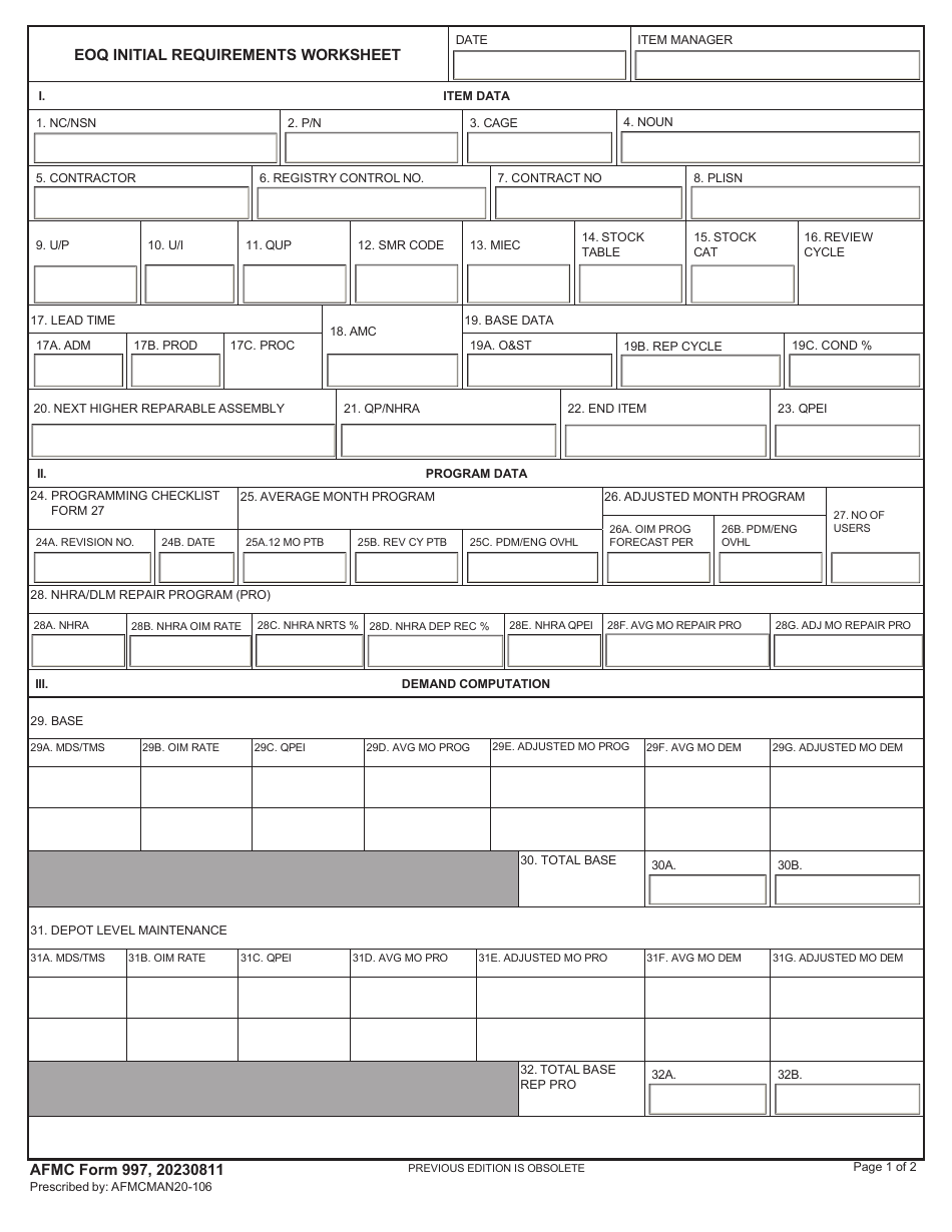 AFMC Form 997 Eoq Initial Requirements Worksheet, Page 1