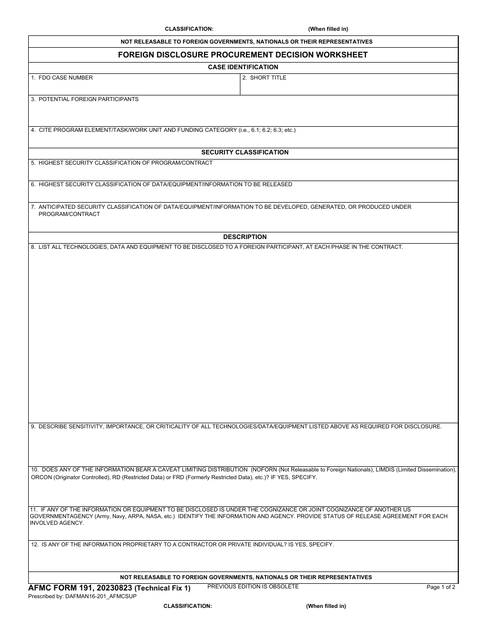 AFMC Form 191 Download Fillable PDF or Fill Online Foreign Disclosure ...