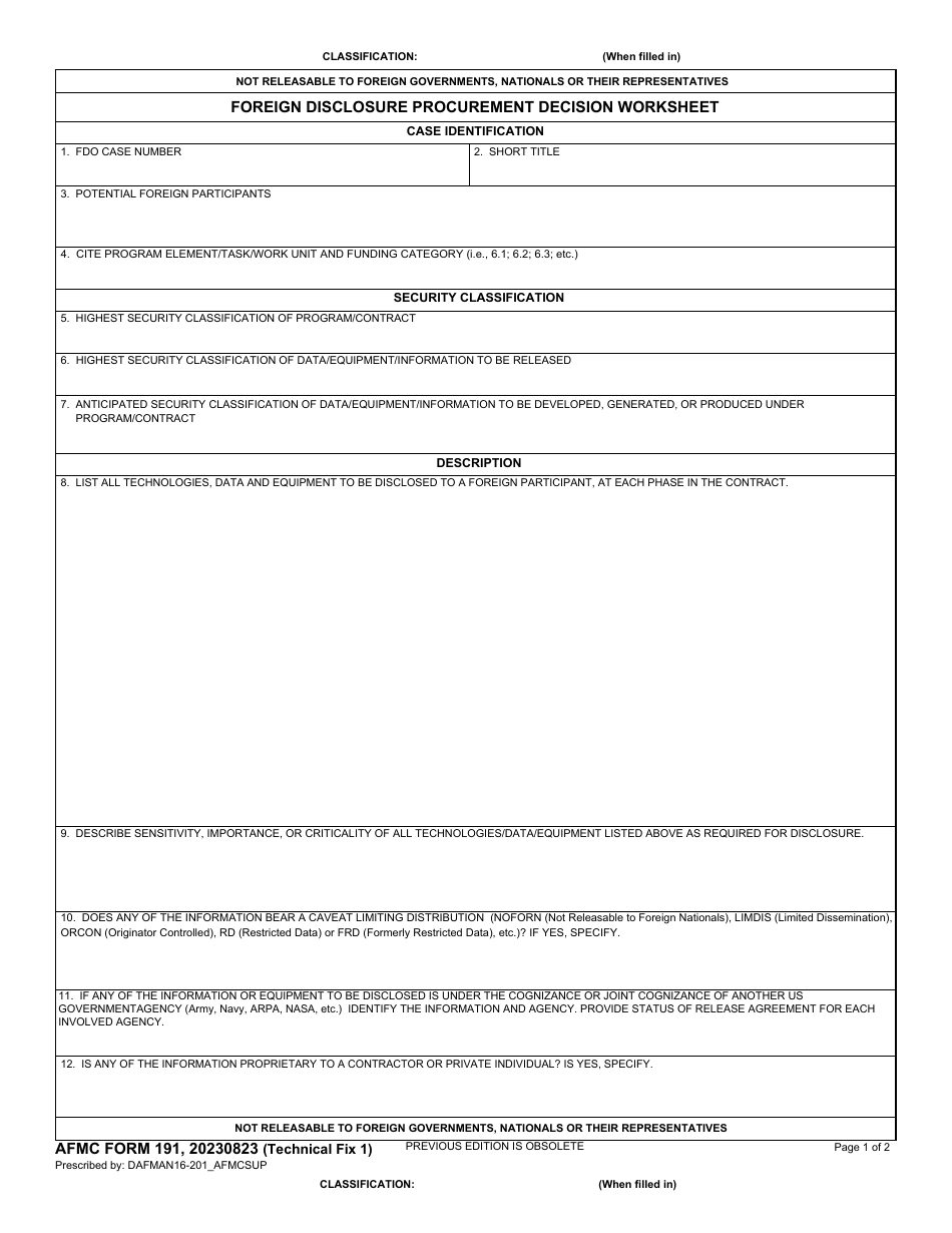 AFMC Form 191 Foreign Disclosure Procurement Decision Worksheet, Page 1