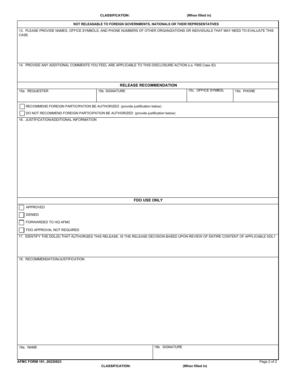 AFMC Form 191 Download Fillable PDF or Fill Online Foreign Disclosure ...