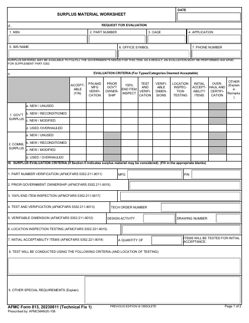 AFMC Form 813 Surplus Material Worksheet