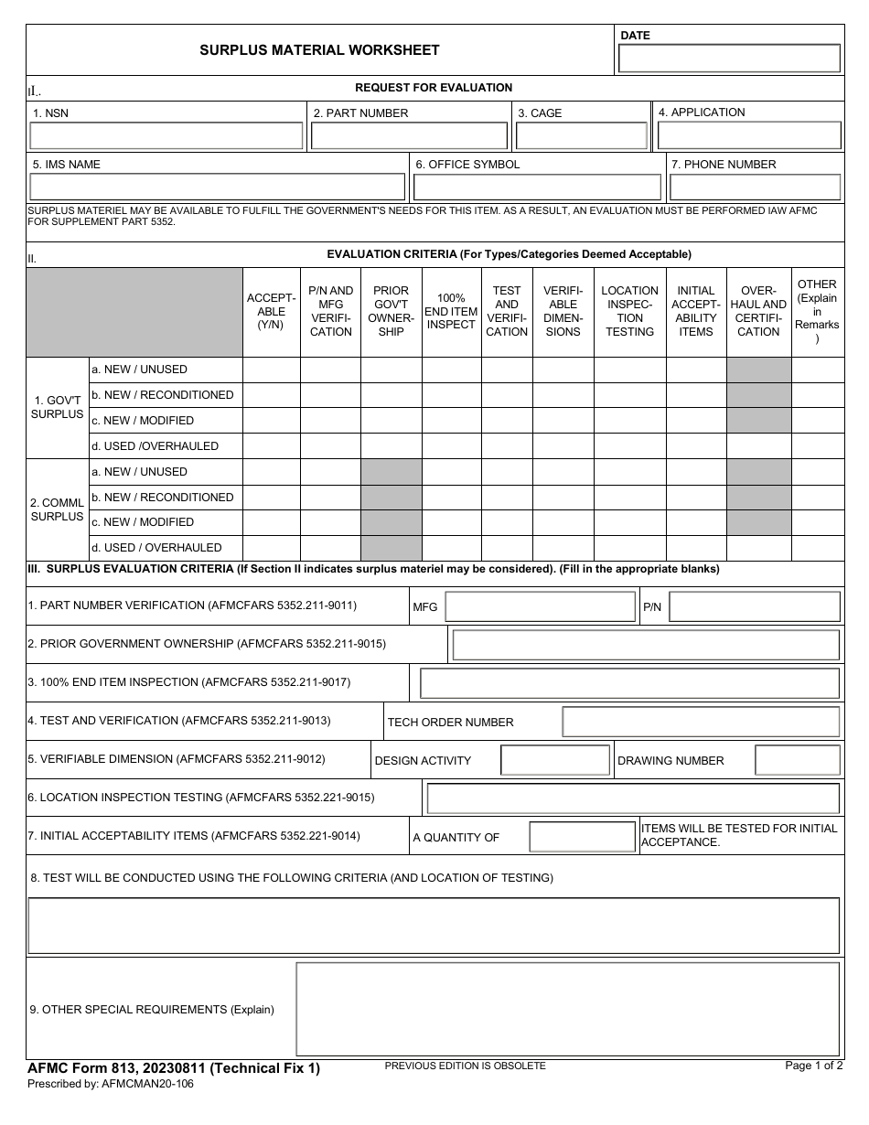 AFMC Form 813 Surplus Material Worksheet, Page 1