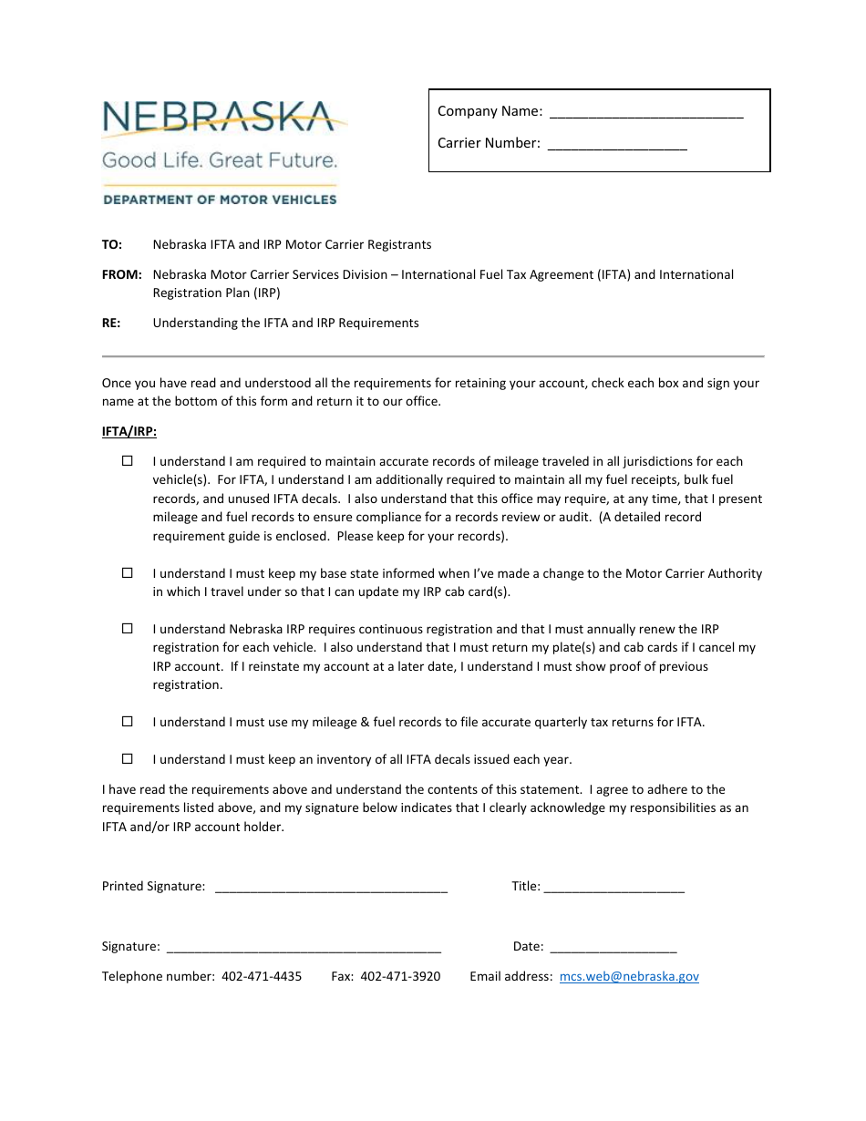 Nebraska Notice of RecordKeeping Requirements for Ifta/Irp Fill Out