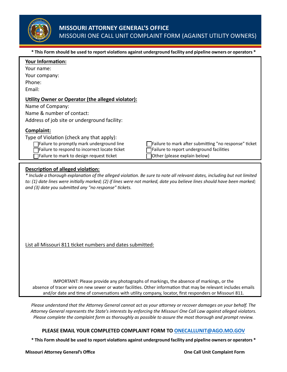 Missouri One Call Unit Complaint Form (Against Utility Owners) - Missouri, Page 1