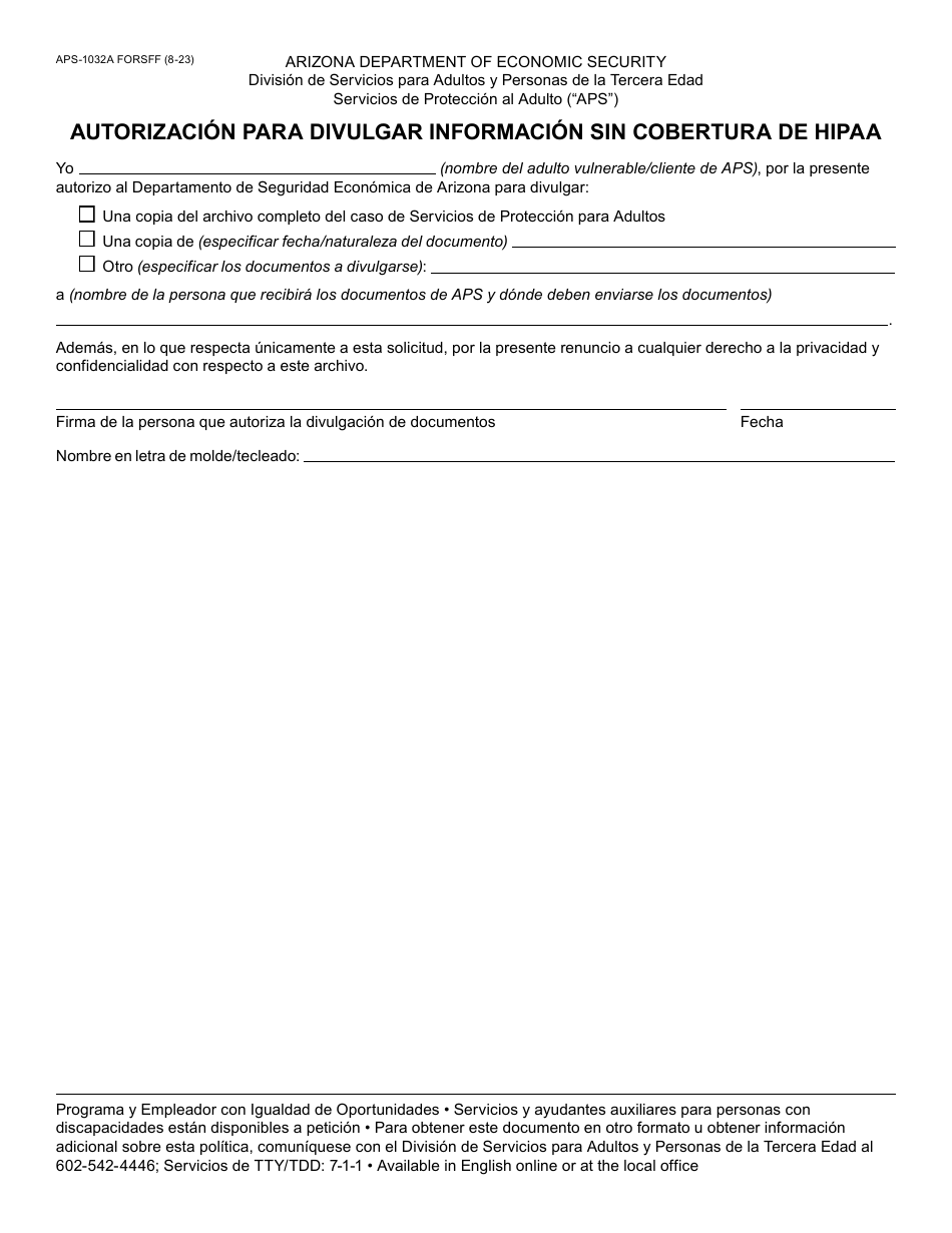 Formulario APS-1032A-S Autorizacion Para Divulgar Informacion Sin Cobertura De Hipaa - Arizona (Spanish), Page 1