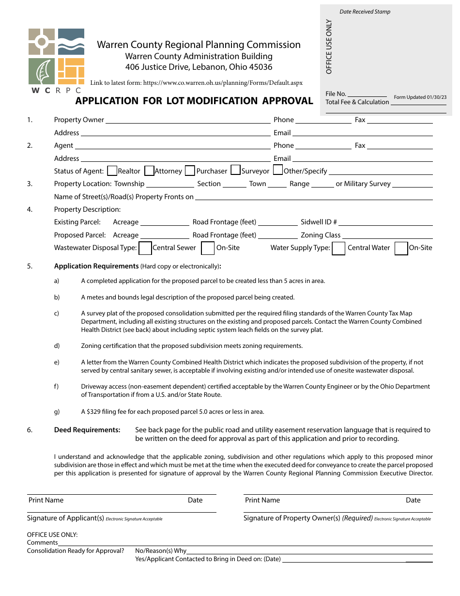 Application for Lot Modification Approval - Warren County, Ohio, Page 1