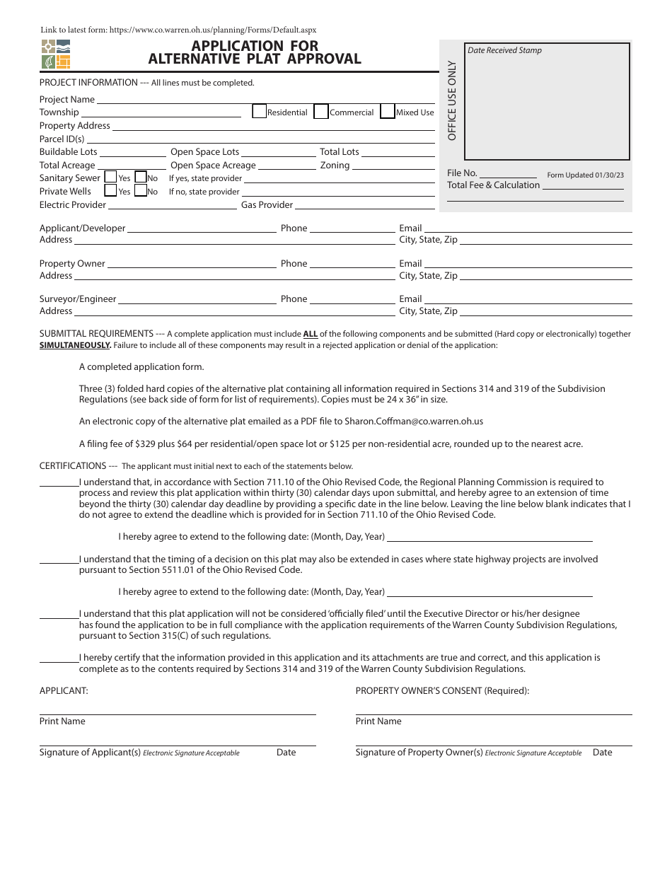 Application for Alternative Plat Approval - Warren County, Ohio, Page 1