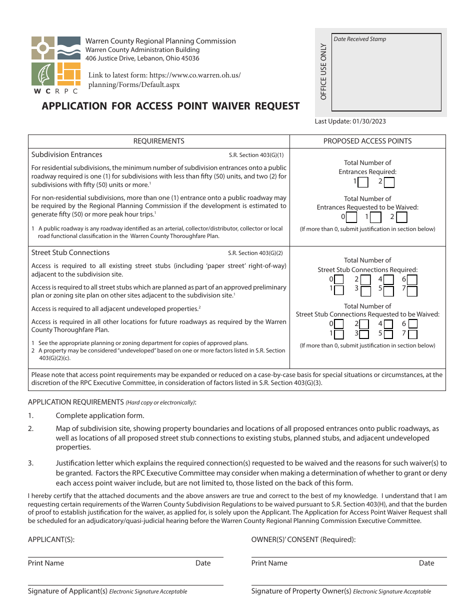 Application for Access Point Waiver Request - Warren County, Ohio, Page 1