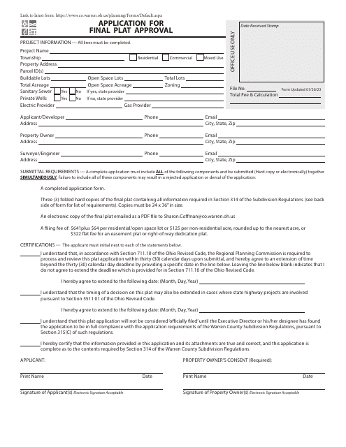 Application for Final Plat Approval - Warren County, Ohio Download Pdf