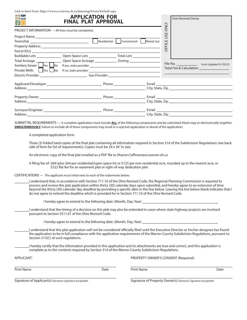 Application for Final Plat Approval - Warren County, Ohio, Page 1