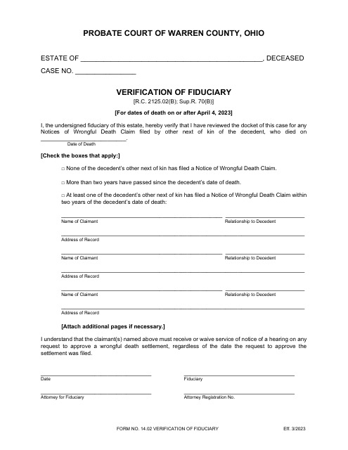Form 14.02 Verification of Fiduciary Wrongful Death - Warren County, Ohio