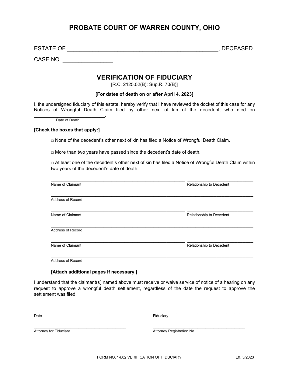 Form 14.02 Verification of Fiduciary Wrongful Death - Warren County, Ohio, Page 1