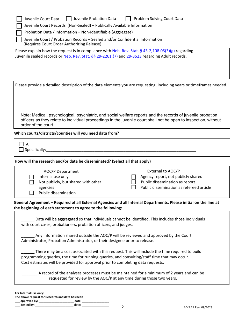 Form AD2:21 Request for Research and Data From the Administrative Office of the Courts and Probation - Nebraska, Page 2