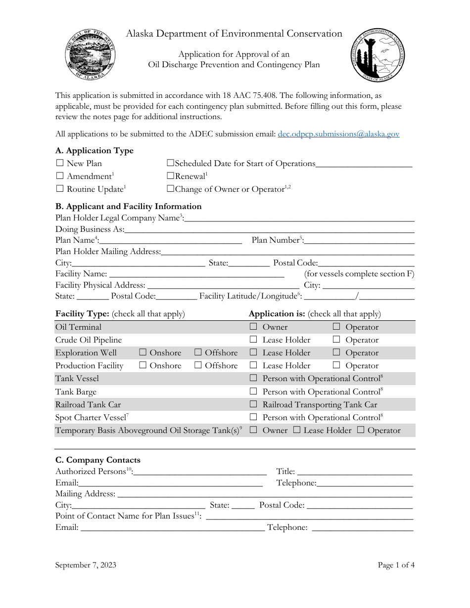 Application for Approval of an Oil Discharge Prevention and Contingency Plan - Alaska, Page 1