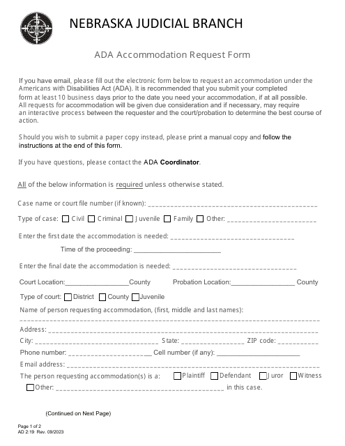Form AD2:19 Ada Accommodation Request Form - Nebraska