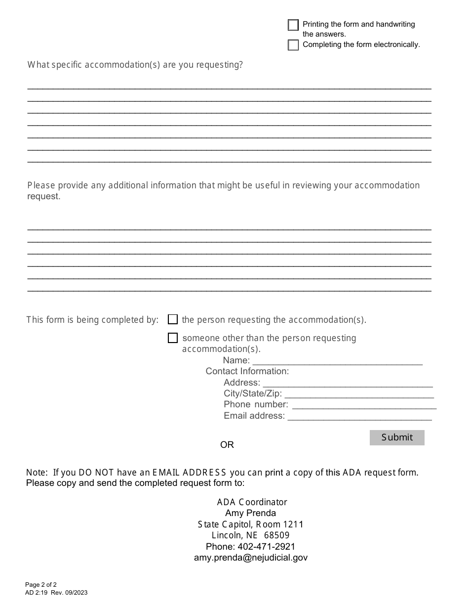Form AD2:19 Ada Accommodation Request Form - Nebraska, Page 2