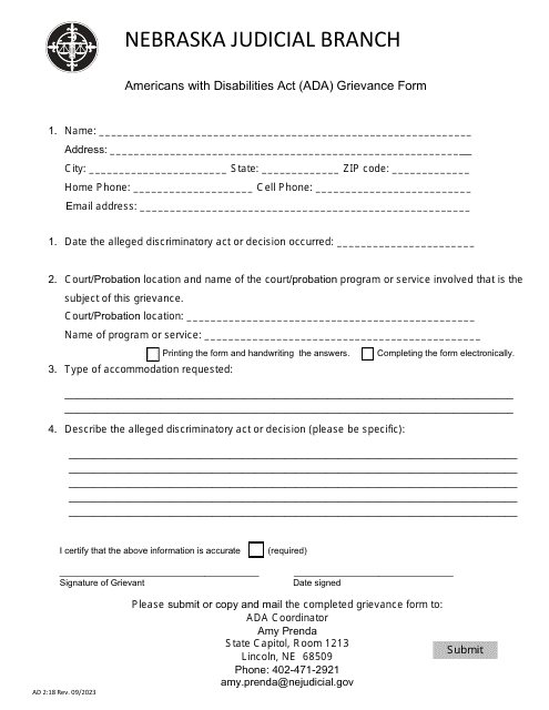 Form AD2:18 Americans With Disabilities Act (Ada) Grievance Form - Nebraska