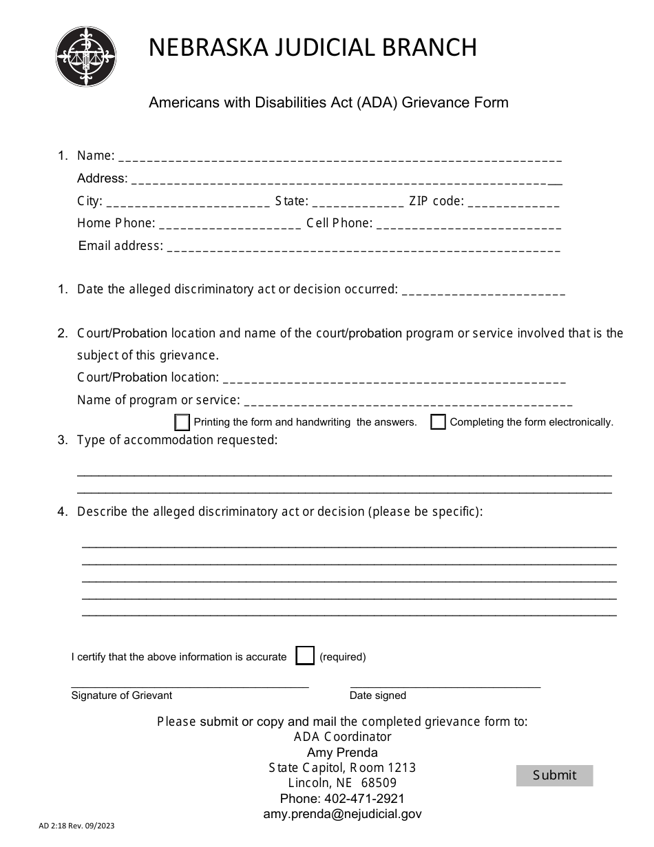 Form AD2:18 Americans With Disabilities Act (Ada) Grievance Form - Nebraska, Page 1