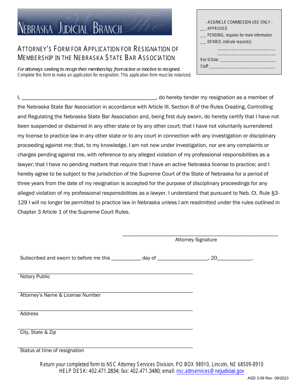 Form ASD3:09 Attorneys Form for Application for Resignation of Membership in the Nebraska State Bar Association - Nebraska, Page 1
