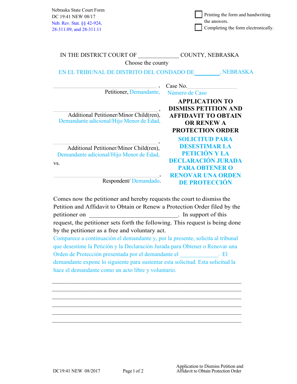 Form DC19:41 Application to Dismiss Petition and Affidavit to Obtain or Renew a Protection Order - Nebraska (English / Spanish), Page 1
