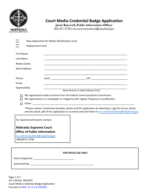 Form AD1:06 Court Media Credential Badge Application - Nebraska