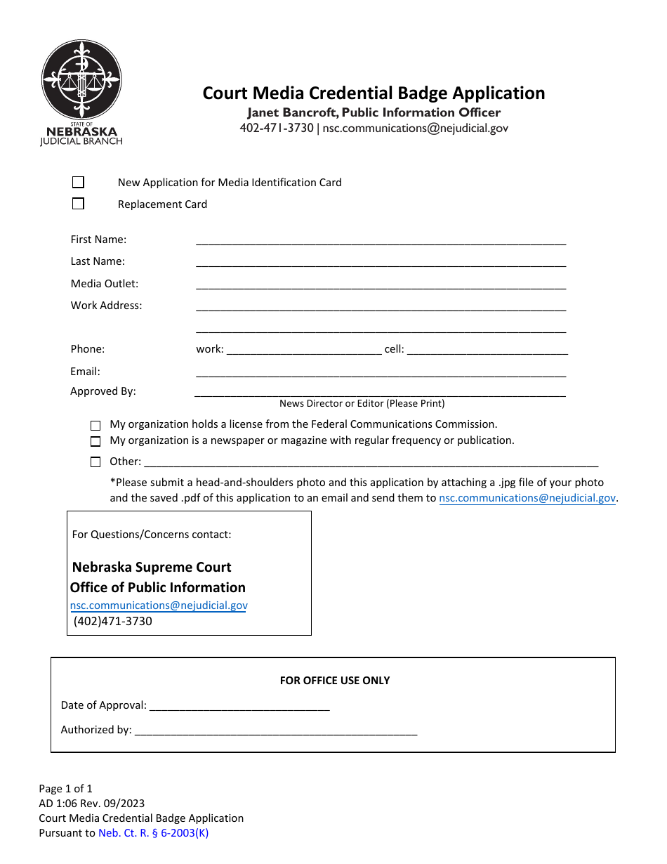 Form AD1:06 Court Media Credential Badge Application - Nebraska, Page 1
