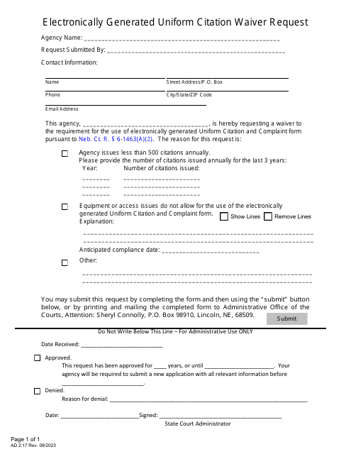 Form AD2:17 Electronically Generated Uniform Citation Waiver Request - Nebraska