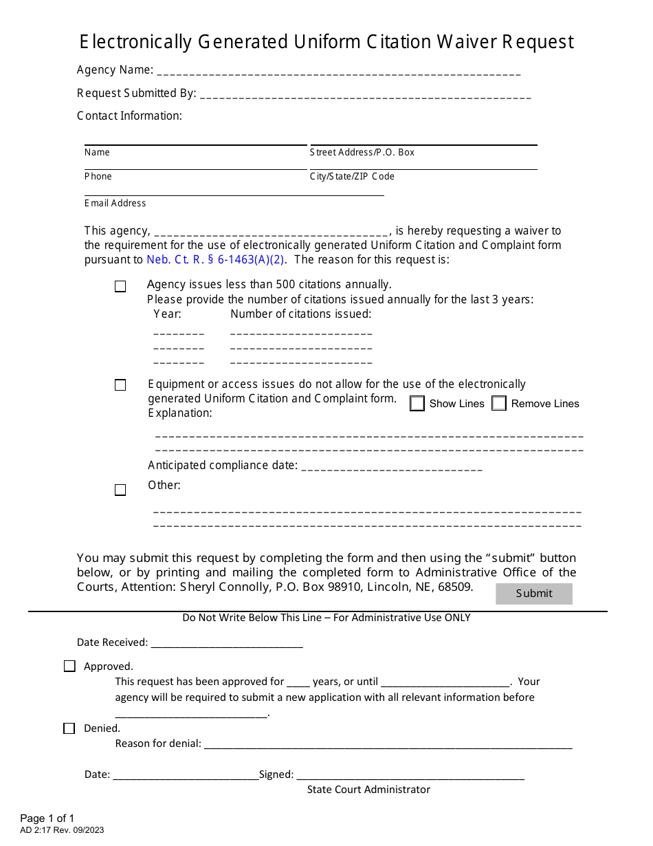 Form AD2:17 Electronically Generated Uniform Citation Waiver Request - Nebraska, Page 1