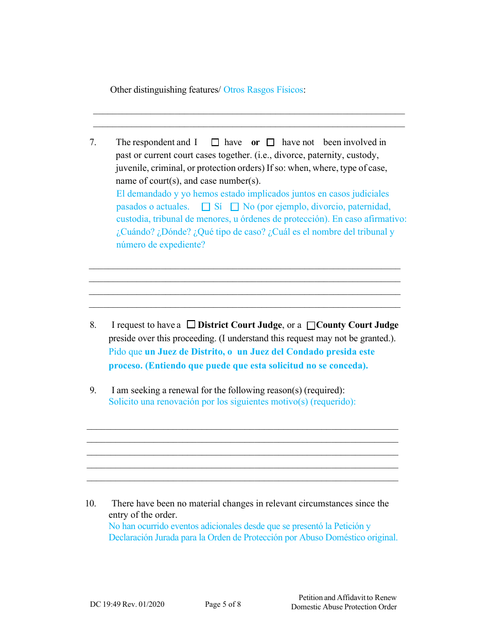 Form DC19:49 Petition and Affidavit to Renew Domestic Abuse Protection Order - Nebraska (English / Spanish), Page 5