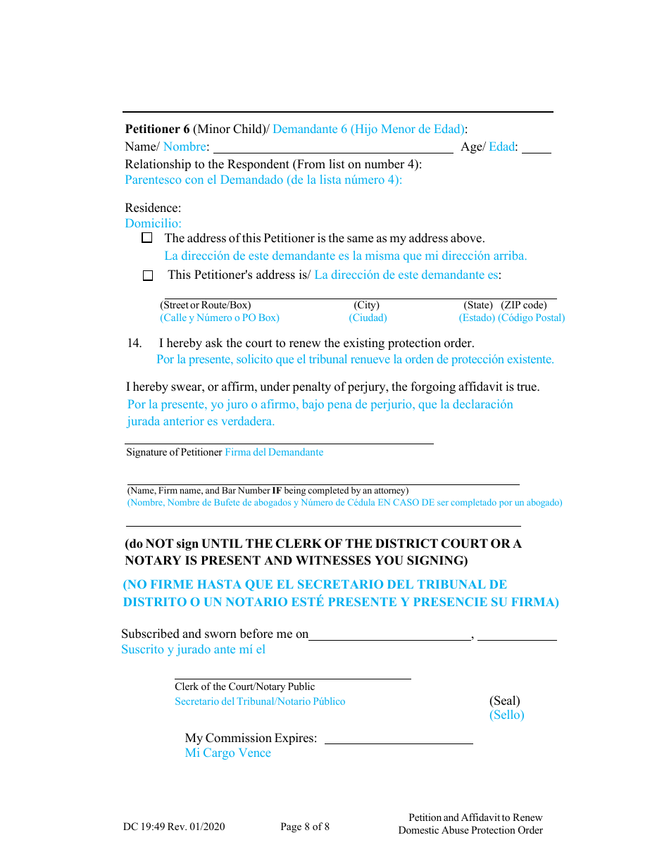 Form DC19:49 Petition and Affidavit to Renew Domestic Abuse Protection Order - Nebraska (English / Spanish), Page 8