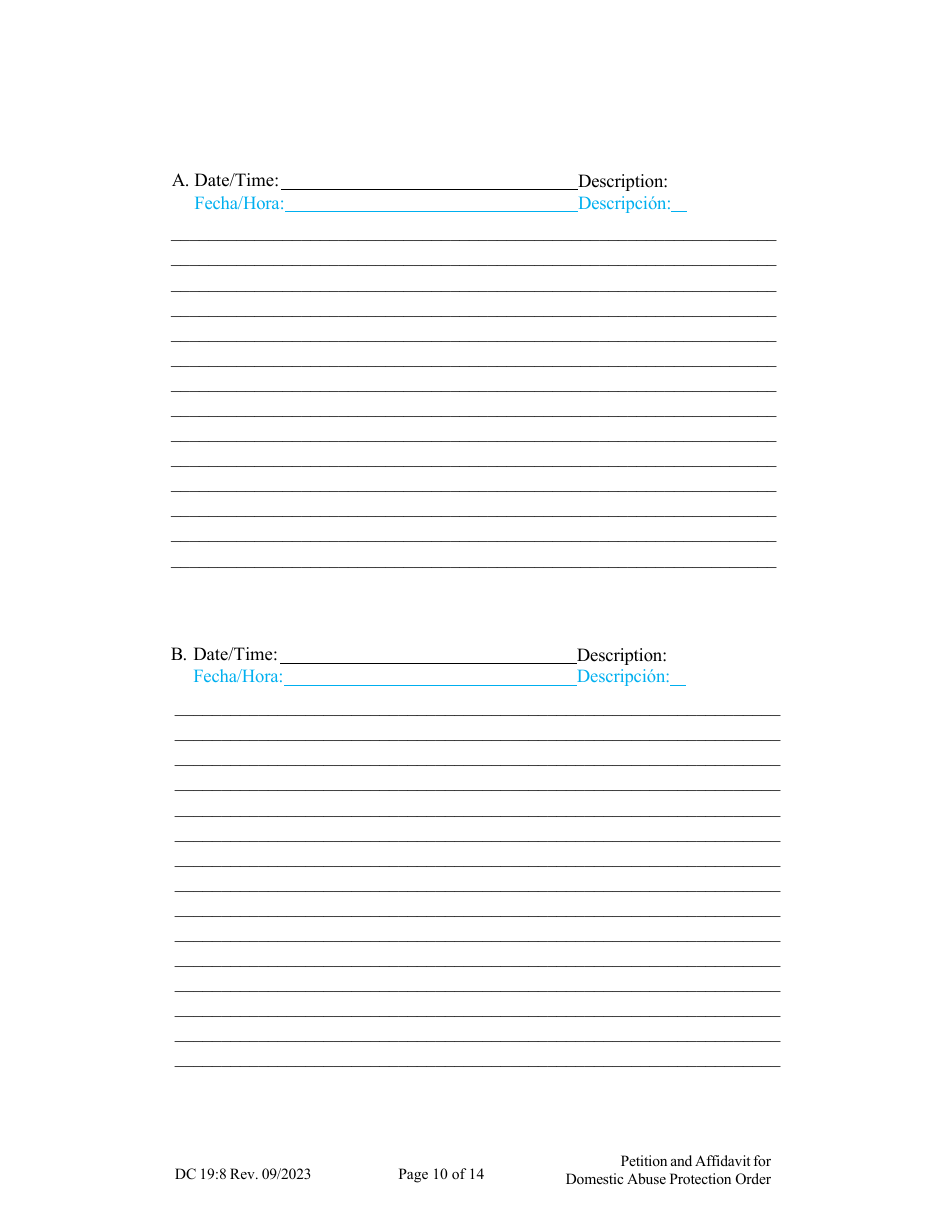 Form DC19:8 Petition and Affidavit to Obtain Domestic Abuse Protection Order - Nebraska (English / Spanish), Page 10