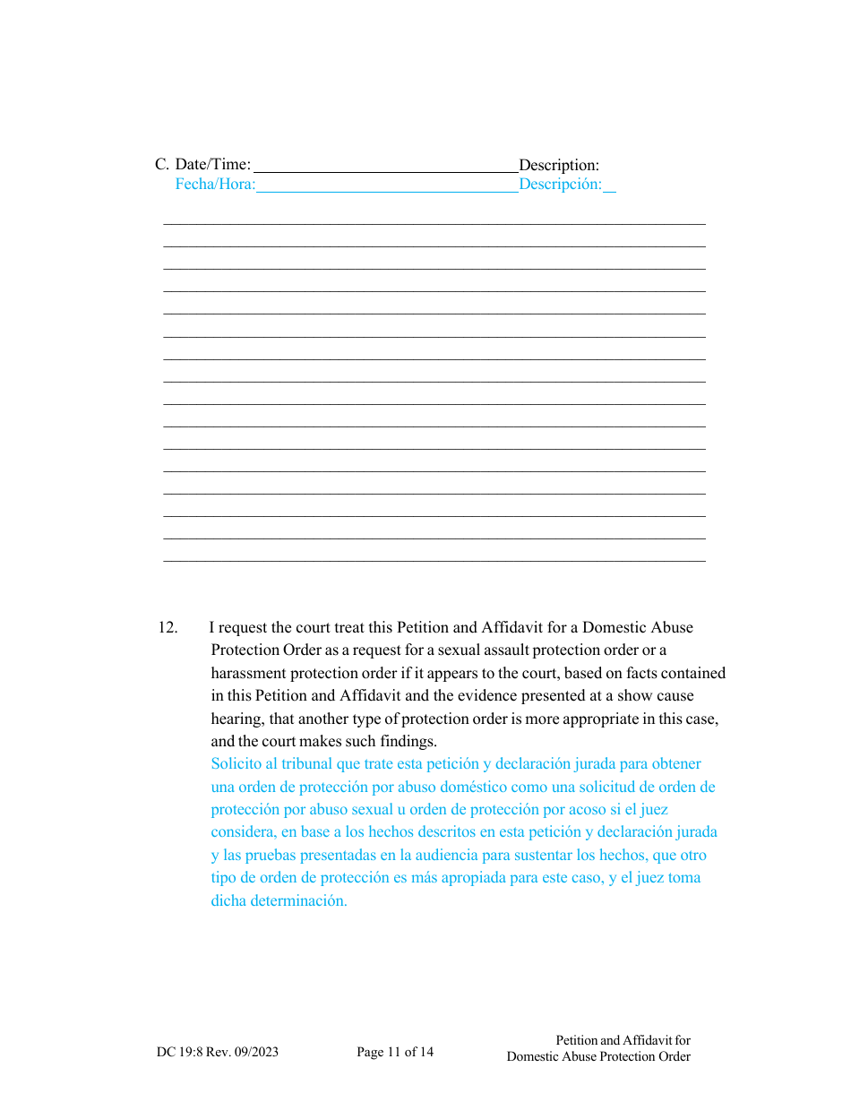 Form DC19:8 Petition and Affidavit to Obtain Domestic Abuse Protection Order - Nebraska (English / Spanish), Page 11
