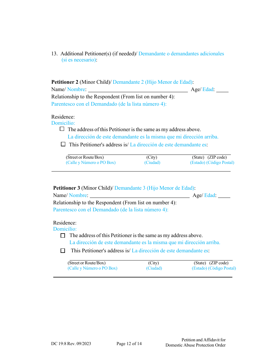 Form DC19:8 Petition and Affidavit to Obtain Domestic Abuse Protection Order - Nebraska (English / Spanish), Page 12