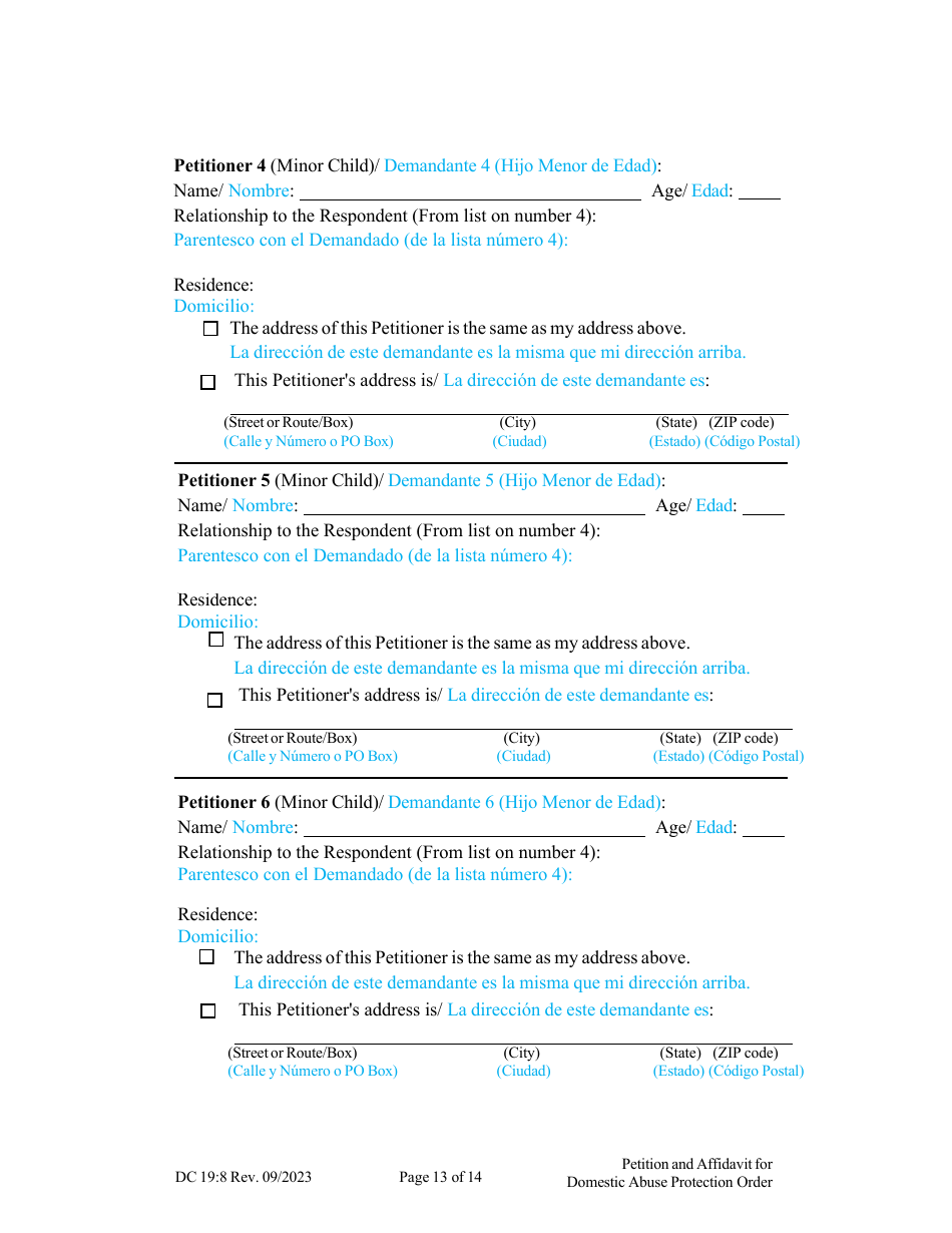 Form DC19:8 Petition and Affidavit to Obtain Domestic Abuse Protection Order - Nebraska (English / Spanish), Page 13