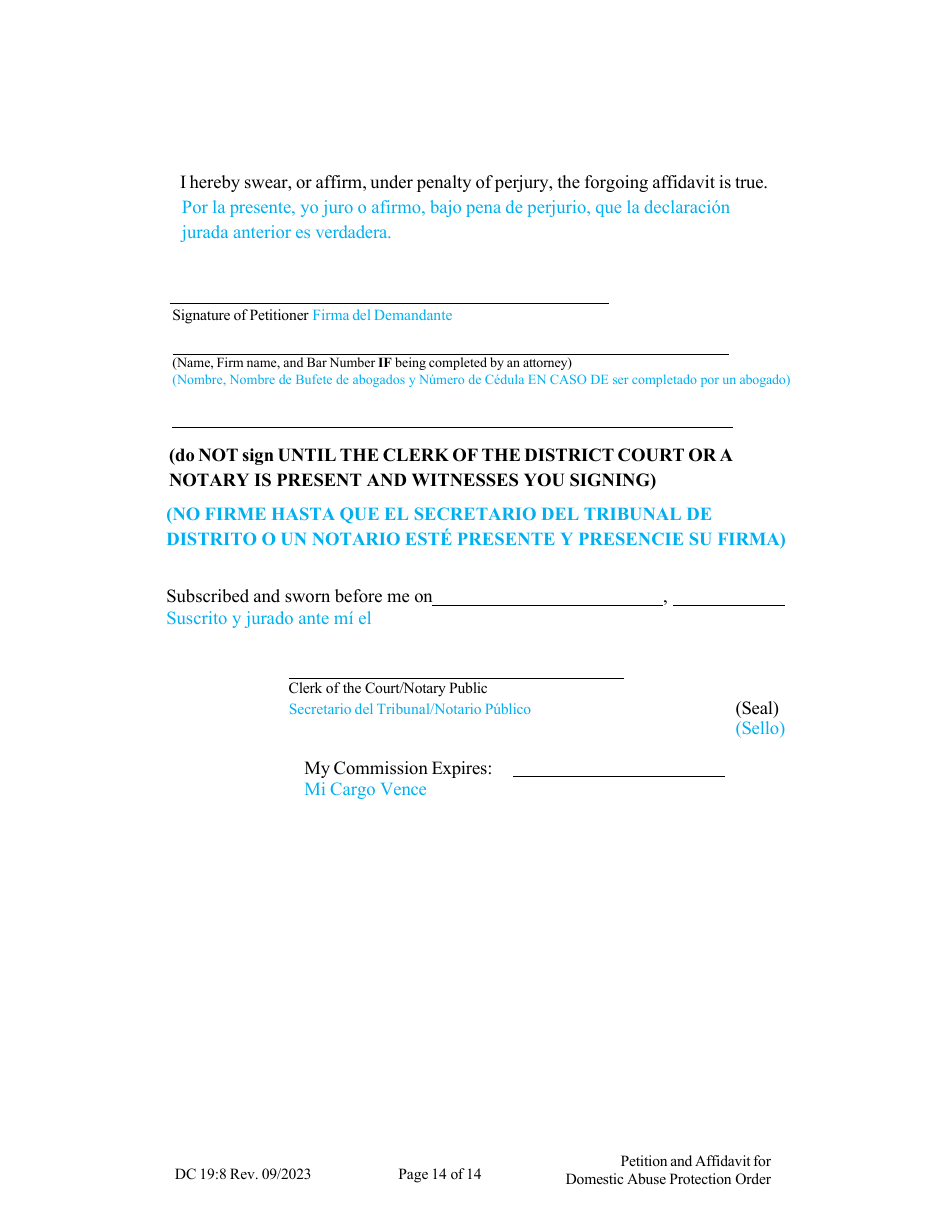 Form DC19:8 Petition and Affidavit to Obtain Domestic Abuse Protection Order - Nebraska (English / Spanish), Page 14