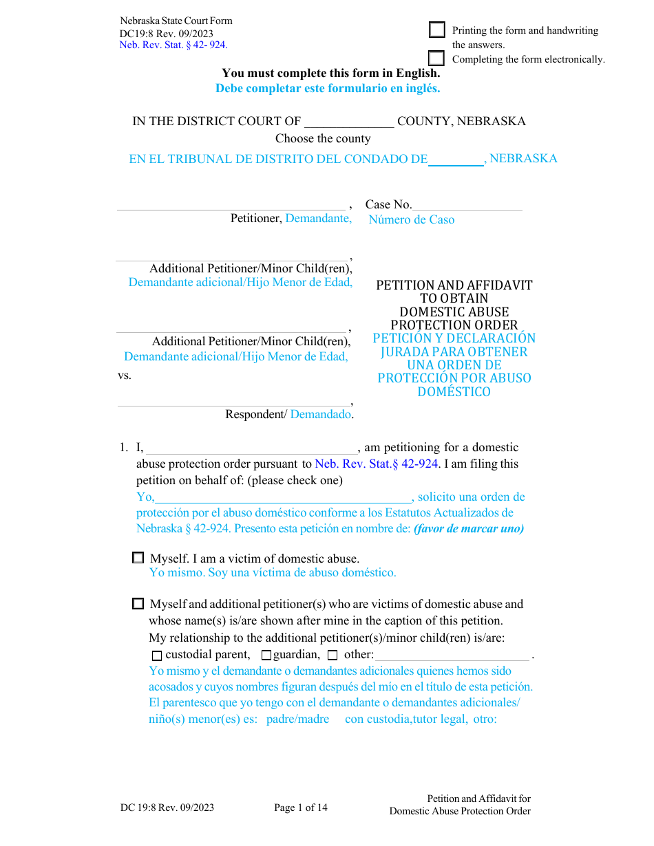 Form DC19:8 Petition and Affidavit to Obtain Domestic Abuse Protection Order - Nebraska (English / Spanish), Page 1